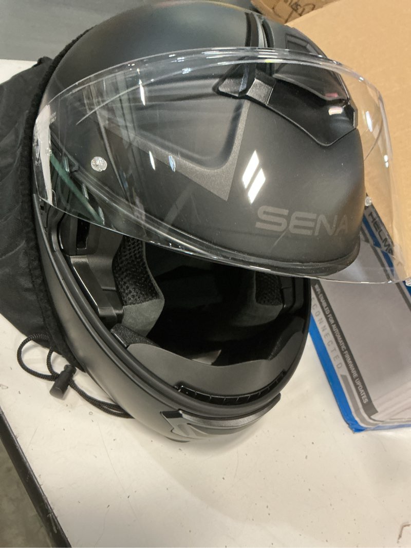 Condition photo showing Good Condition for sena impulse dot flip up modular bluetooth helmet w/sound by harman kardon dual visor helmet with integrated mesh intercom system / mp3 / voice dial (matte black, medium) matte black medium