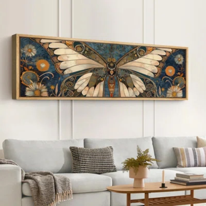 IDEA4WALL Extra Large Framed Canvas Print Wall Art Vintage Intricate Butterfly Pastel Wall Decorative Antique Retro Floral Elements Fine Art Modern Oversized Artwork for Living Room - 60"x30"
