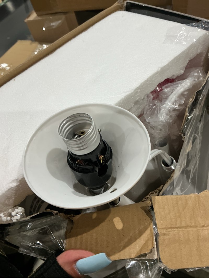 Condition photo showing As Is for globe electric 67136 72" torchiere floor lamp with adjustable reading light, matte white finish, frosted shades, rotary switch on socket, e26 base white 1 pack