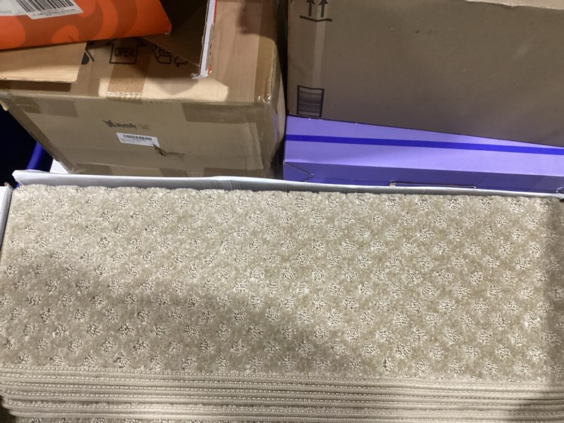 Condition photo showing New/Like New for MBIGM Bullnose Non-Slip Stair Treads with Reusable Adhesive (4 Pack) 9.5" x 30" Wooden Steps Protection -TPU Backing with Steel Reinforcement - Anti-Slip Solution- Lattice, Warm Ivory Stair Treads 9.5" x 30" Warm Ivory - Lattice 4