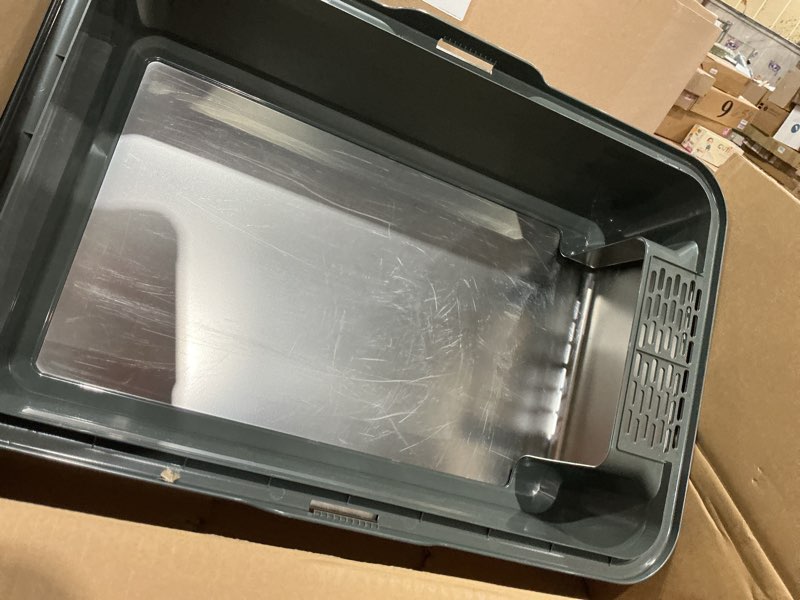 Condition photo showing As Is for stainless steel litter box with lid,xl metal cat litter box,extra large litterbox for big with high sides,non-stick, odor-free,easy to clean,include litter mat &scoop,23x14.6x10in xl:23x14.6x10inch with lid