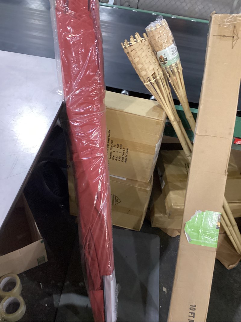 Condition photo showing Good Condition for wikiwiki 10ft patio umbrella with base, outdoor umbrellas with base included, 8 sturdy ribs, waterproof fade resistant polyester dty canopy for deck, lawn, garden, backyard & pool, red red 10ft