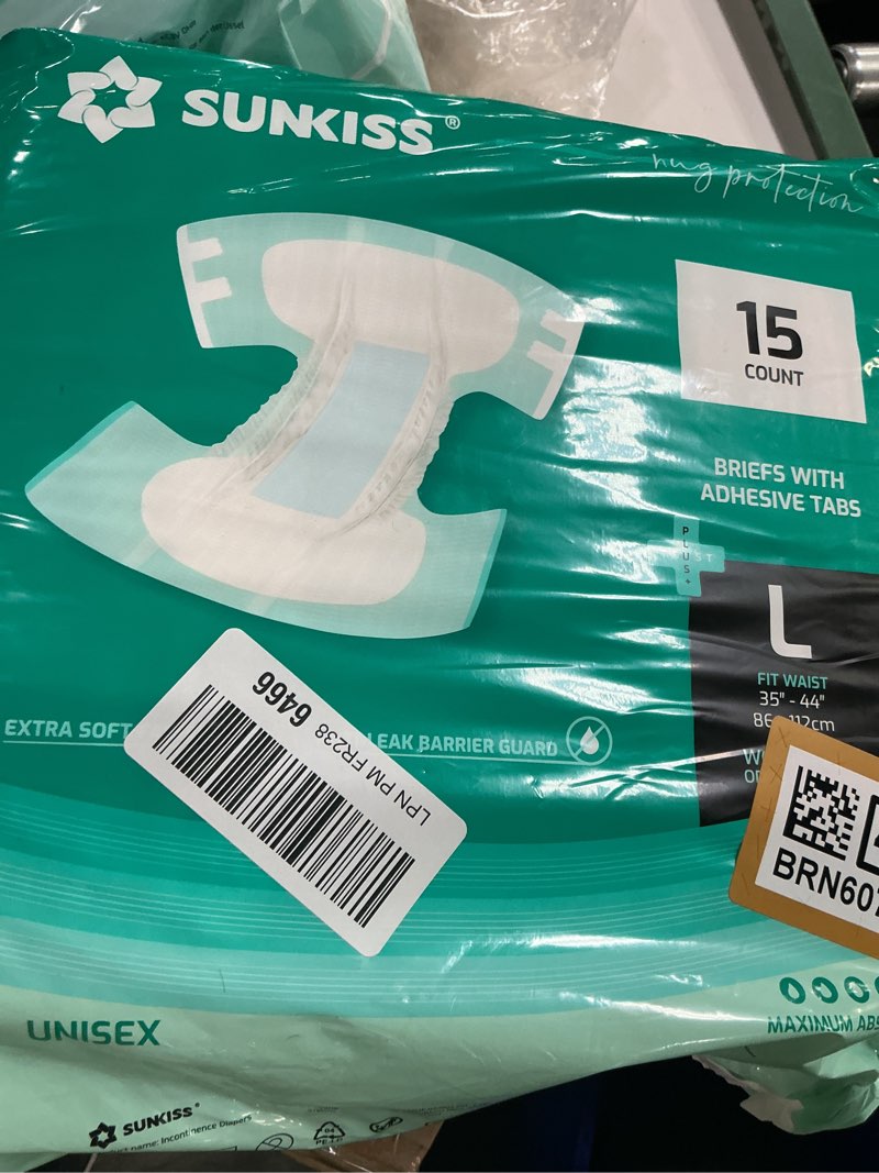 Condition photo showing New/Like New for sunkiss trustplus adult diapers with maximum absorbency, unisex disposable incontinence briefs with tabs for men and women, odor control, large, 15 count