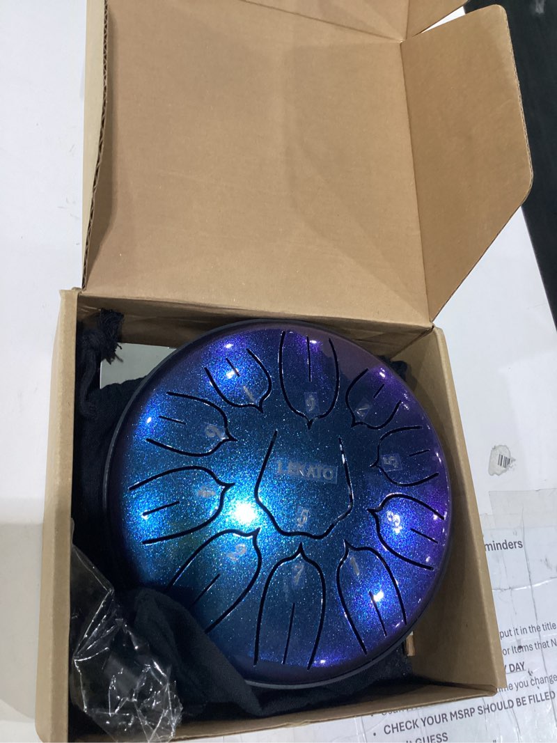 Condition photo showing Good Condition for lekato steel tongue drum 6 inch 11 notes, rain drum for outdoor d major handpan drum for musical education meditation yoga,christmas gift for families/friends blue 6 inch