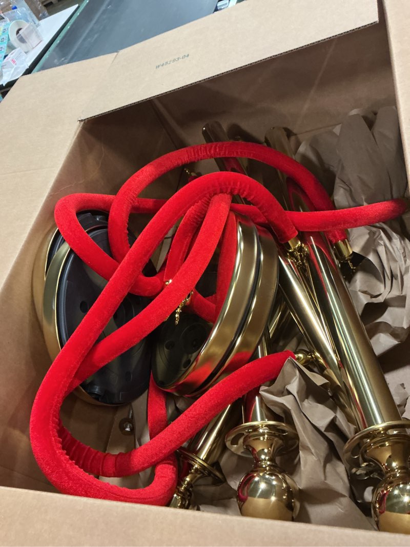 Condition photo showing As Is for 4Pcs Gold Stanchion Post Queue Velvet Ropes and Posts with Soild Base and 3pcs 5 Ft Red Velvet Ropes Carpet Ropes Posts Stanchion Set Crowd Control Barriers for Party Supplies