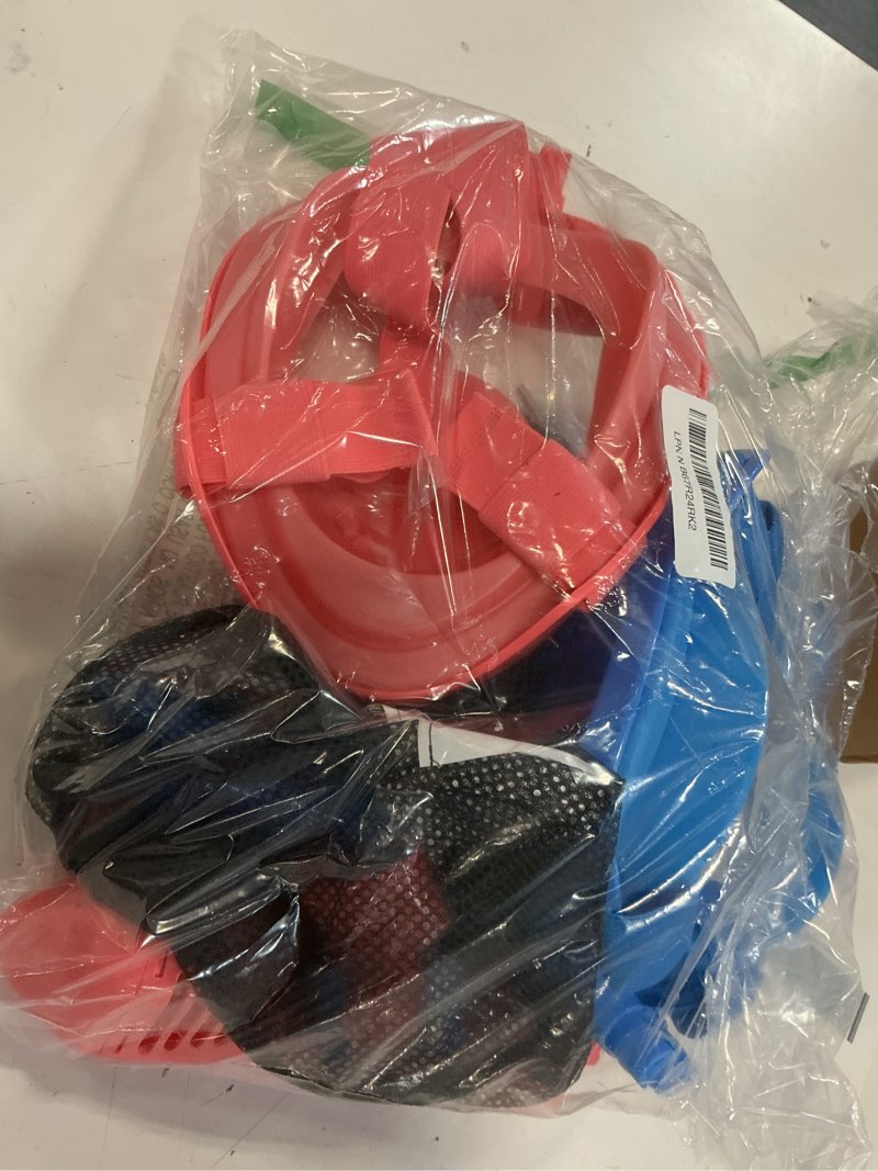 Condition photo showing As Is for kids snorkel mask full face, snorkeling gear for kids 2-14 with camera mount, 180 degree panoramic view snorkeling set anti-fog anti-leak blue+pink