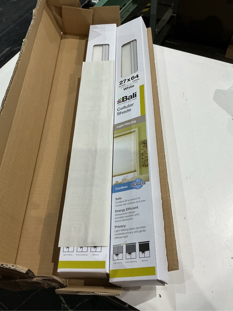 Condition photo showing Good Condition for bali blinds cordless light filtering cellular shade, 27" x 64", white,044294 214033 27"w x 64"h