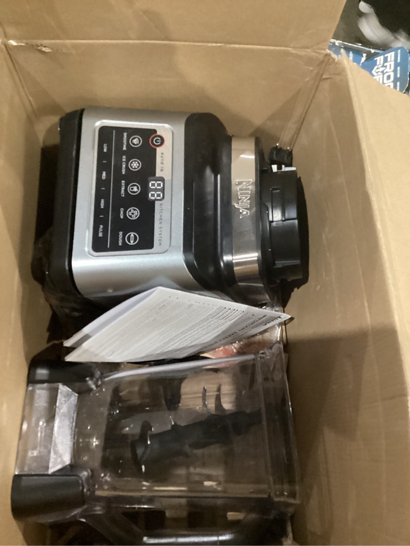 Condition photo showing As Is for Ninja BN801 Professional Plus Kitchen System, 1400 WP, 5 Functions for Smoothies, Chopping, Dough & More with Auto IQ, 72-oz.* Blender Pitcher, 64-oz. Processor Bowl, (2) 24-oz. To-Go Cups, Grey 64 oz. Blender + Kitchen System