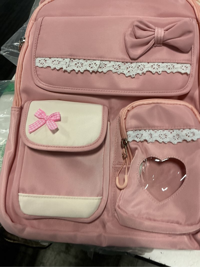 Condition photo showing New/Like New for girls backpack, kawaii kids backpack for girls school kids bookbag with pom-pom pearl pendant for primary elementary middle school, pink 1pc-pink