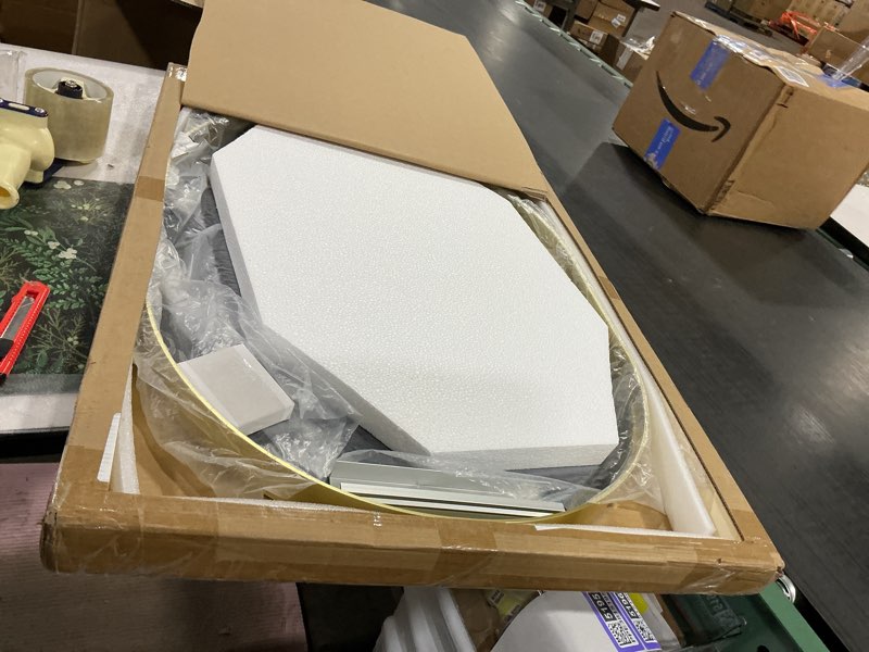 Condition photo showing Good Condition for FARMER Gold Oval Mirror, 22x30 Inch Oval Bathroom Mirror, Metal Frame Wall Mirror, Gold Mirror, Wall Mounted Bathroom Vanity Mirror for Bedroom, Living Room, Entryway, Vertical or Horizontal 30"L x 22"W Gold