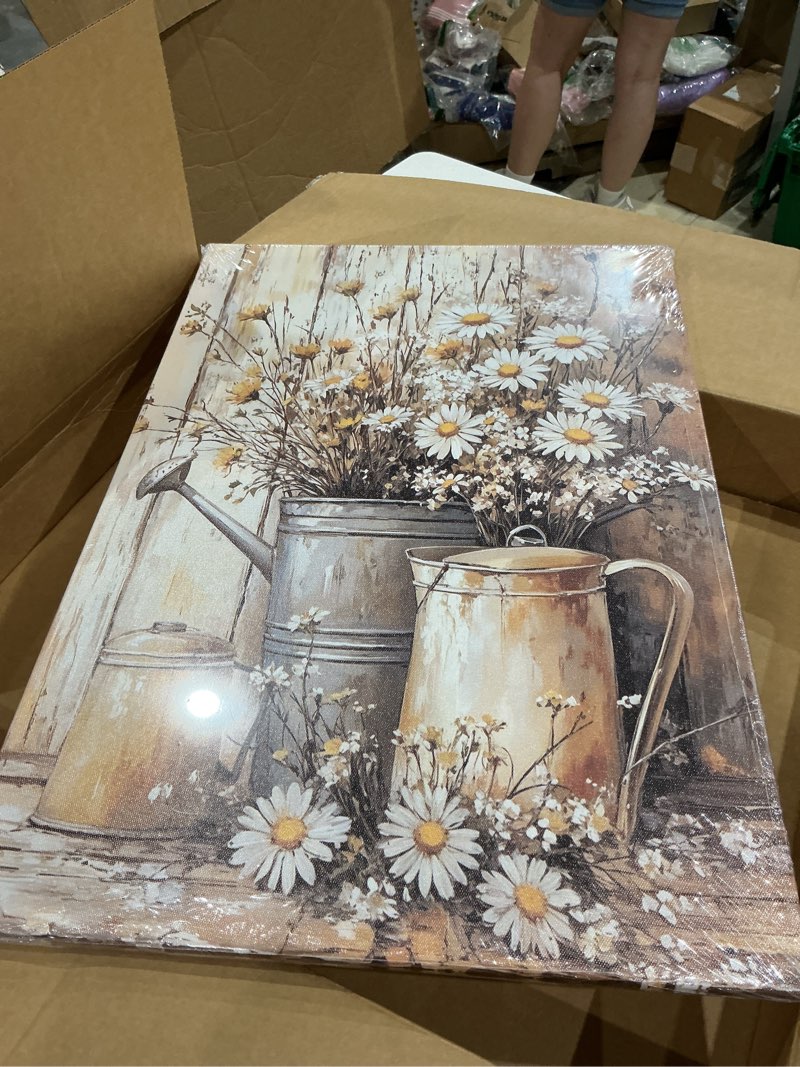 Condition photo showing New/Like New for ccworkerry farmhouse daisy bouquet wall art rustic white daisy in kettle canvas painting country floral botanical print for kitchen wall decor (black,16w x 24l) black 16w" x 24l"
