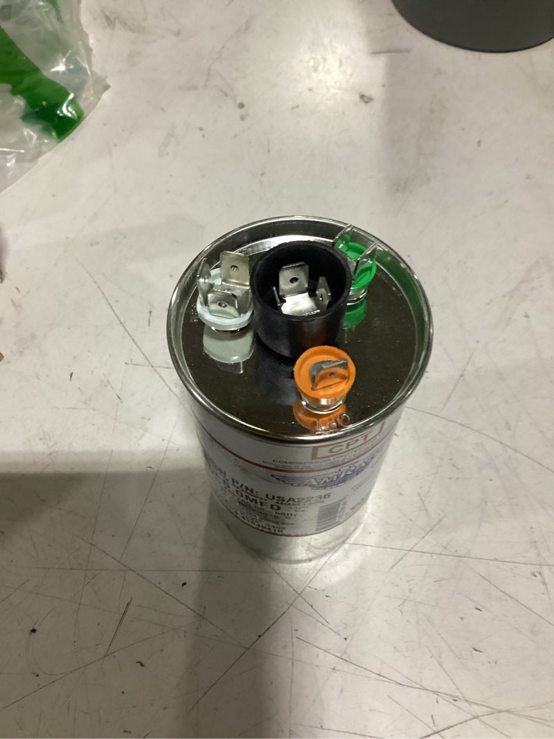 Condition photo showing As Is for 50 + 5 uf/mfd round dual universal capacitor • amrad usa2237 - used for 370 or 440 vac, made in the u.s.a.