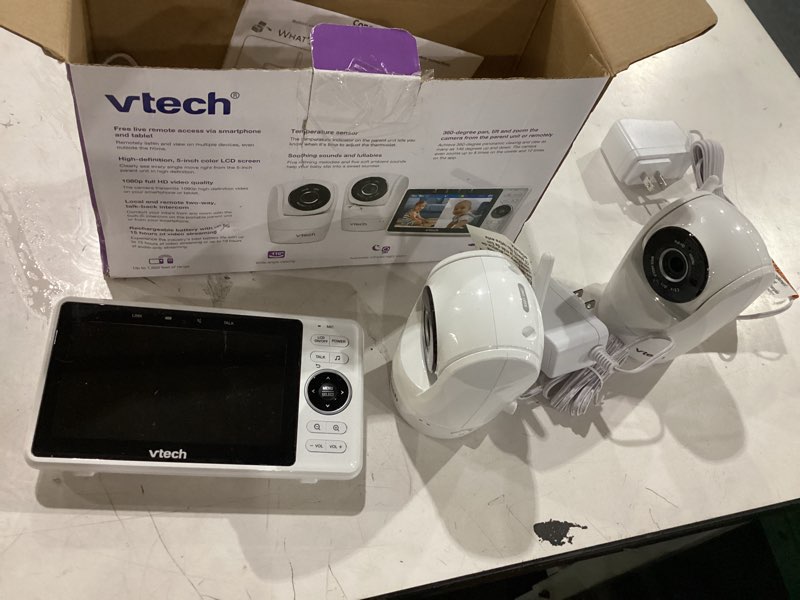 Condition photo showing Good Condition for **not tested** vtech 2-cameras smart wifi baby monitor with 1080p fhd camera and 5\" hd ips screen, free app with motion video, sound/motion detection and notifications, split-screen, pan-tilt-zoom: vm901-2hd