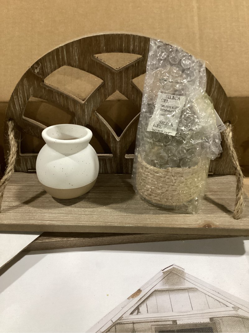 Condition photo showing New/Like New for rustic home decor lot: 24x18” framed canvas; 11x7x4.5 floating shelf; miscellaneous items