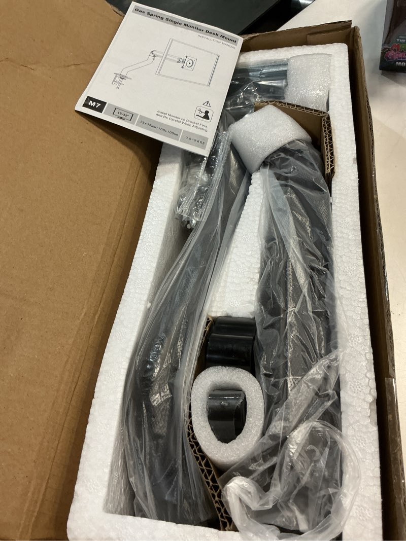 Condition photo showing New/Like New for huanuo single monitor arm 13-34 inch, adjustable gas spring arm, monitor desk mount for 4.4-22lbs, vesa 75/100mm with c-clamp/grommet base, ergonomic stand for work/gaming black
