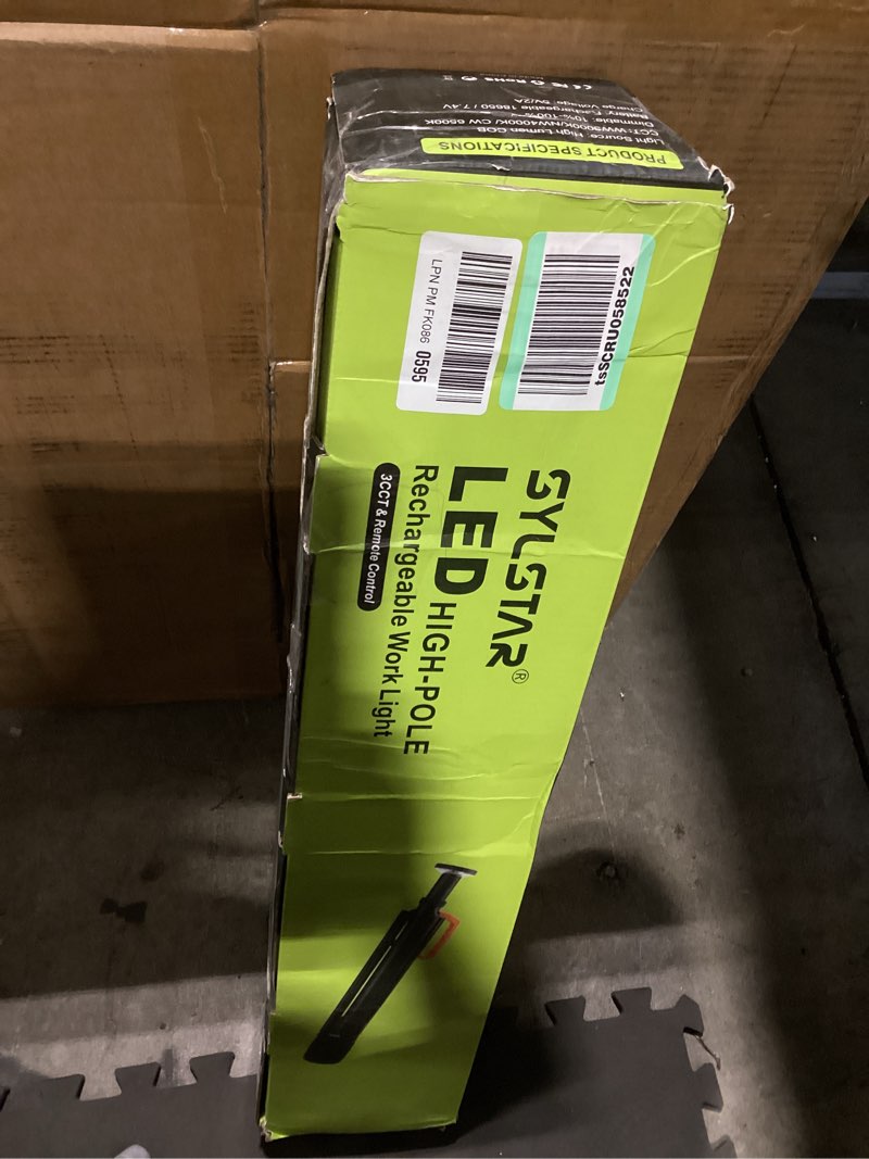 Condition photo showing As Is for sylstar 360° rechargeable work light with remote &telescopic stand (8.4ft), 3000lm ultra bright 3cct dimmable, 6000mah battery, portable camping light for jobsite workshop sports emergencies