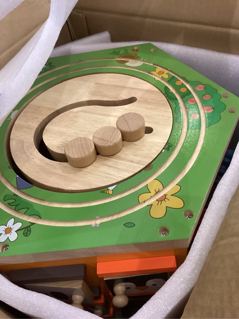 Condition photo showing Good Condition for Large Activity Cube, 9-in-1 Farm-Themed Wooden Play Center, Multipurpose Montessori Toy for 1-2 Year Old Baby Toddler Kid, First Birthday Gift | Bonus Magnetic Train Cars 6-sided Activity Cube