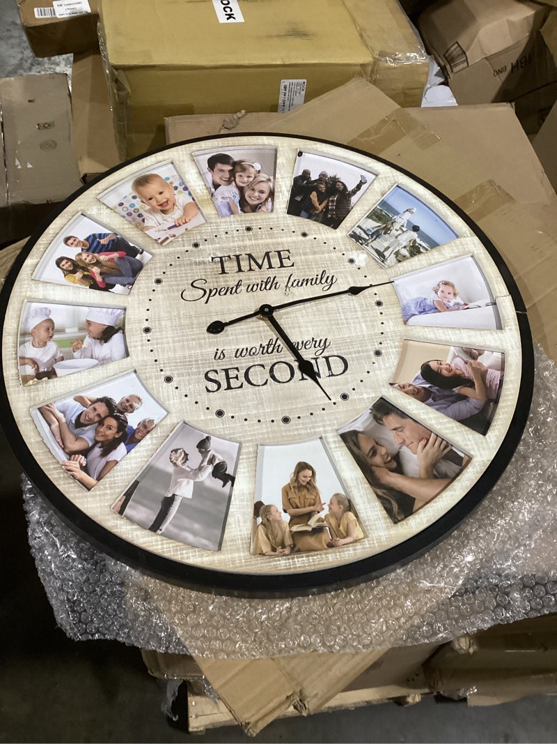 Condition photo showing As Is for 12 Photo Collage Rustic Wood Farmhouse Wall Clock, Large Family Picture Wall Clock for Living Room, Home, Kitchen, Silent Battery Powered 24 Inch Natural