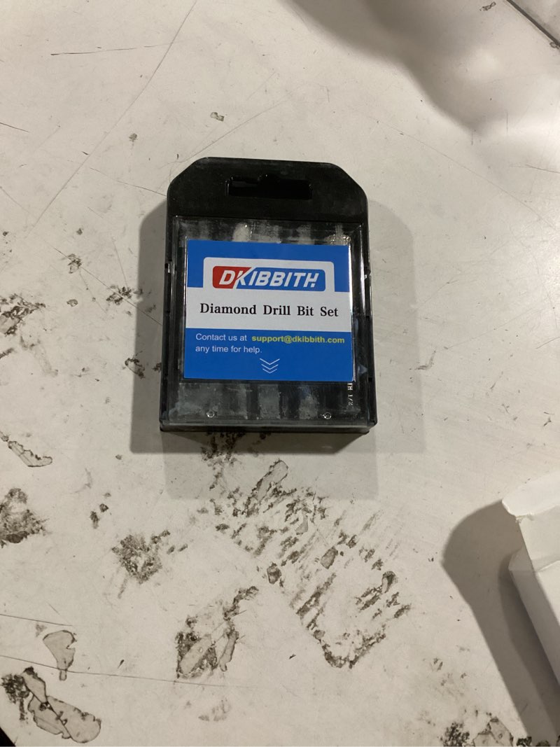 Condition photo showing As Is for dkibbith 7 pack dry diamond drill bits & tile drill bits set for ceramic, porcelain, marble, granite, stone, glass - round shank 3/16", 1/4"(x2), 5/16", 3/8", 1/2"+1 pack drill bit 1/4" 7 pcs diamond drill bit