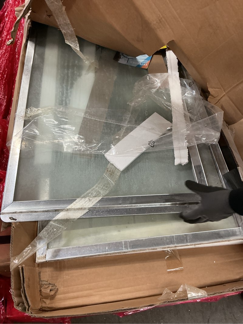 Condition photo showing As Is for Double Sliding Shower Door with Frame - 66"-72" W x 76" H Tempered Glass. Aluminum Frame, Bypassing Design, Easy Installation, Through-Glass Towel Bar & Knobs, Bright Chrome UKD12-7276-CH 72" W x 76" H Bright Chrome