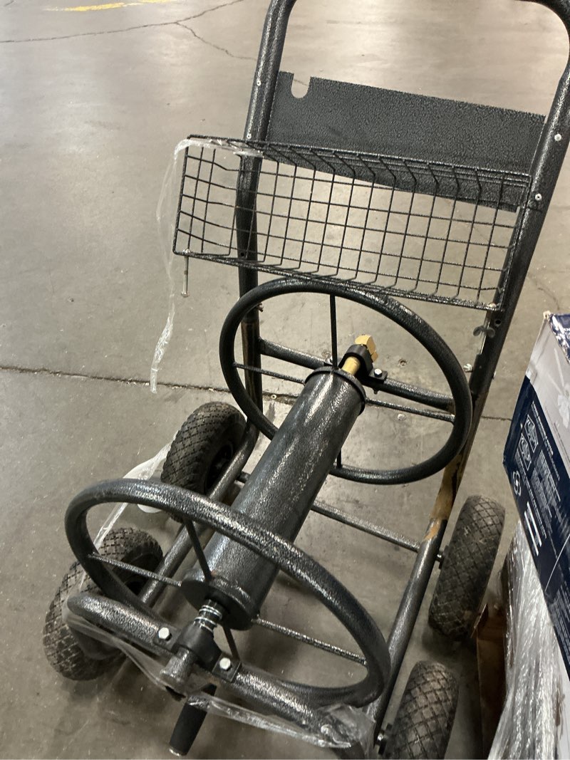 Condition photo showing As Is for 840-l gray four wheel pu hose cart with storage basket