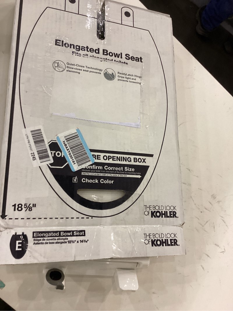 Condition photo showing New/Like New for KOHLER 4636-RL-0 Cachet ReadyLatch Elongated Toilet Seat Slow Close, Soft Close Toilet Seat Quiet Lid, Contoured Grip-Tight Bumpers Installation Hardware, Apartment Essentials, White White Elongated Ready Latch