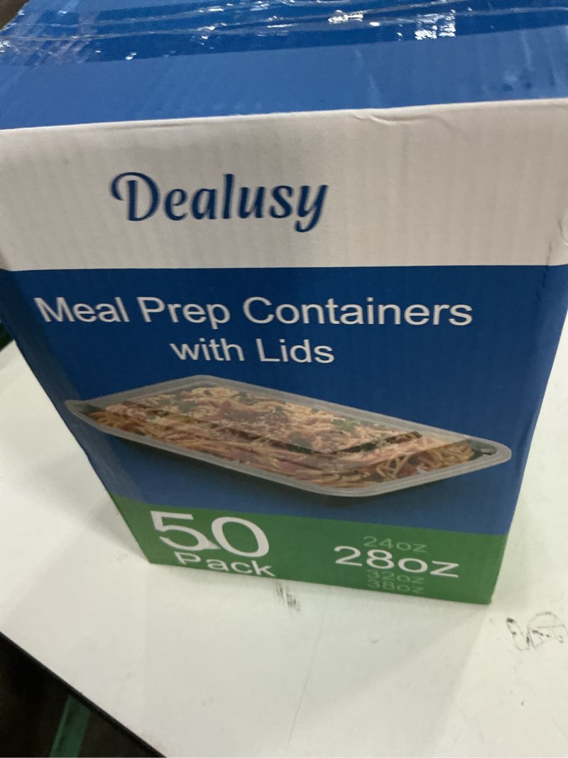 Condition photo showing New/Like New for 50 pack (100-piece) 28 oz meal prep containers reusable with lids, sturdy leakproof & food safe, microwave, freezer, dishwasher safe prep containers, to go take out plastic food storage