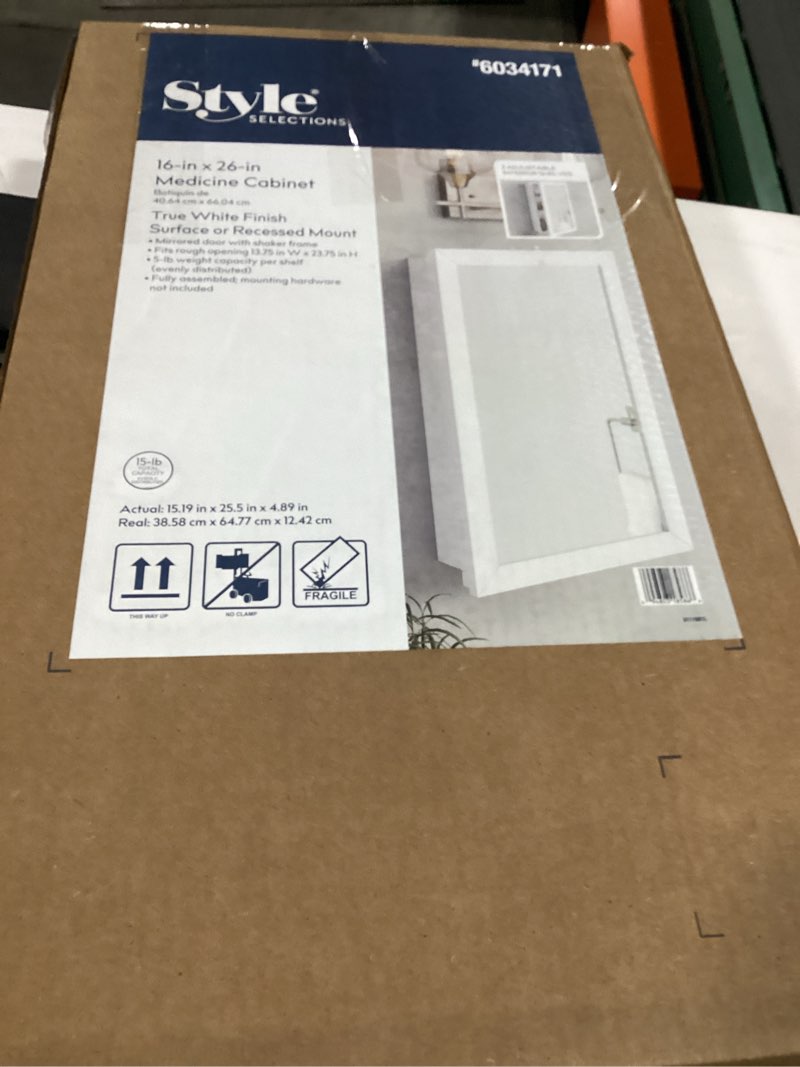 Condition photo showing New/Like New for style selections 15.19-in x 25.5-in surface/recessed mount true white mirrored rectangle medicine cabinet model #sr1w1626