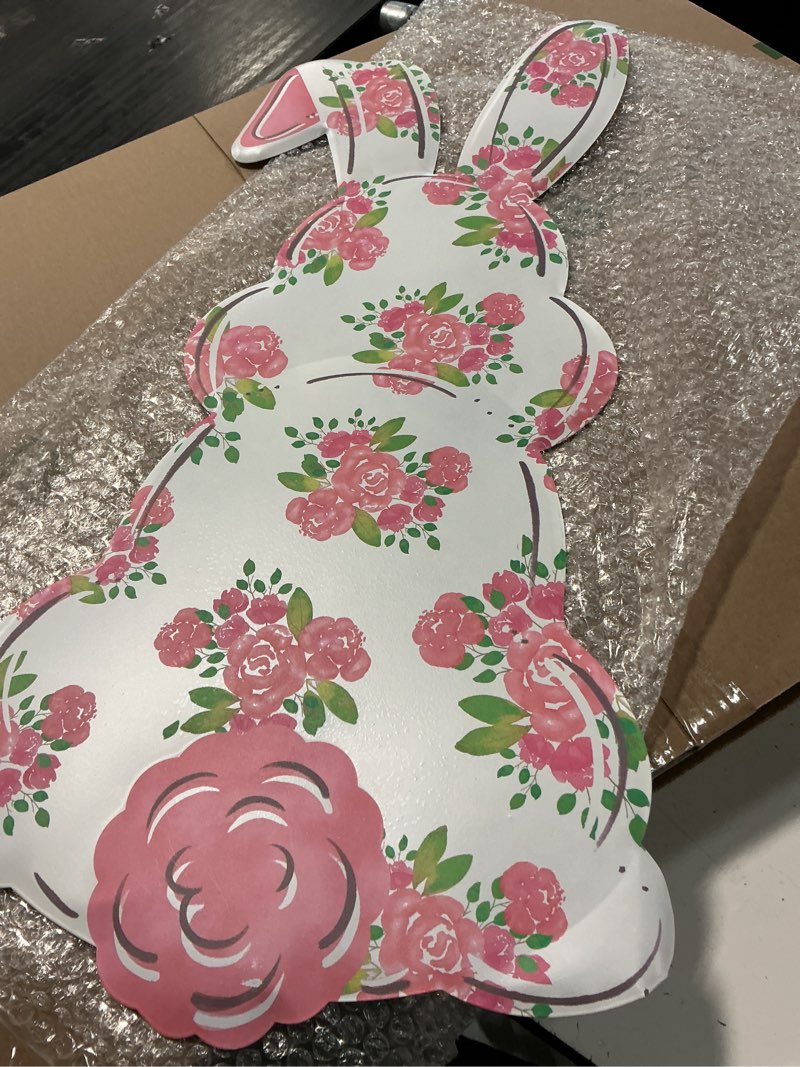 Condition photo showing Good Condition for cbi 29" large metal bunny sign for door/wall decor, easter wreaths, baby showers, crafts and spring decorations (floral flower print - pink, white, green)