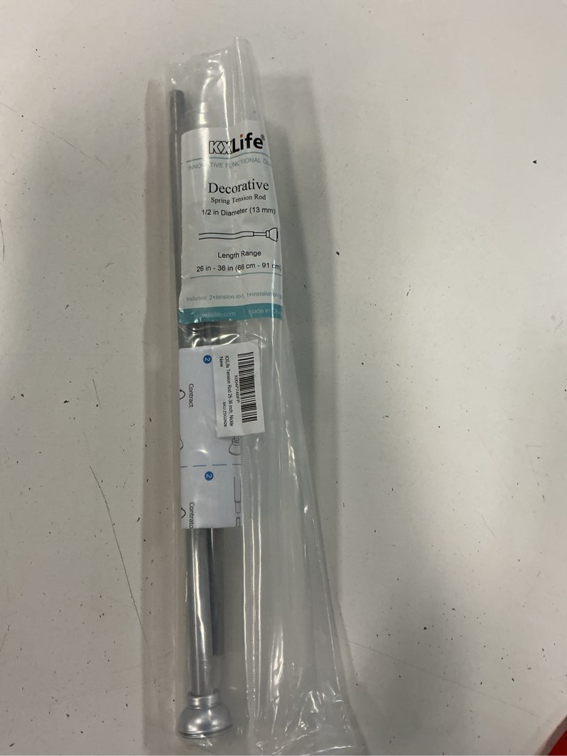Condition photo showing As Is for kxlife 2 pack spring tension curtain rod, 1/2-inch decorative adjustable tension rods, nickle, (26-36 inches) 26-36 inch nickle