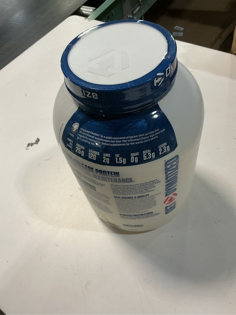 Condition photo showing New/Like New for (By 05-2026)Dymatize Elite Casein Protein Powder, Vanilla, 100% Micellar Casein, 25g Protein, 5.4g BCAAs, 2.3g Leucine, Slow Absorbing for Overnight Muscle Recovery, 4 lb (55 Servings)