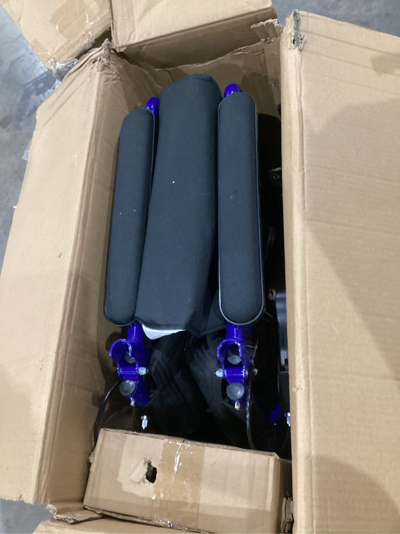 Condition photo showing As Is for medline lightweight foldable transport wheelchair with handbrakes and 12-inch wheels, blue frame, black upholstery blue wheelchair