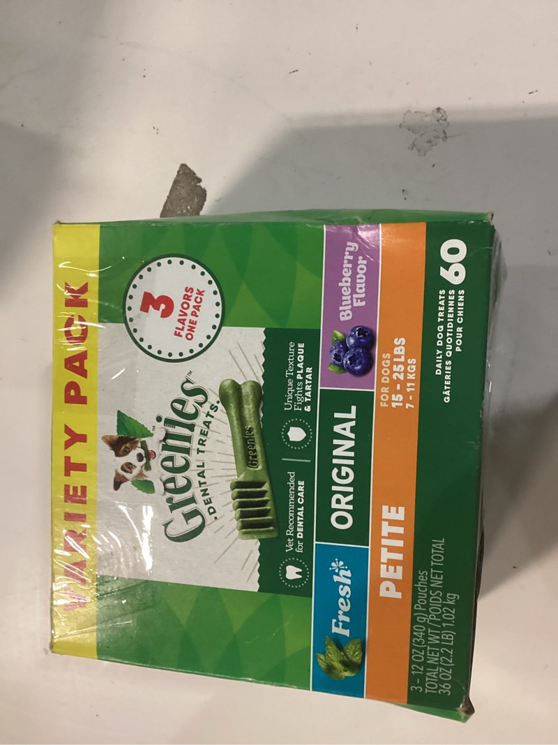 Condition photo showing New/Like New for Greenies Veterinarian-Recommended Adult Natural Dental Dog Treats Petite Size, Variety Pack Flavor, (3) 12 oz. Packs, 60 Count Original, Blueberry, & Mint Variety Pack 60 Count (Pack of 1)