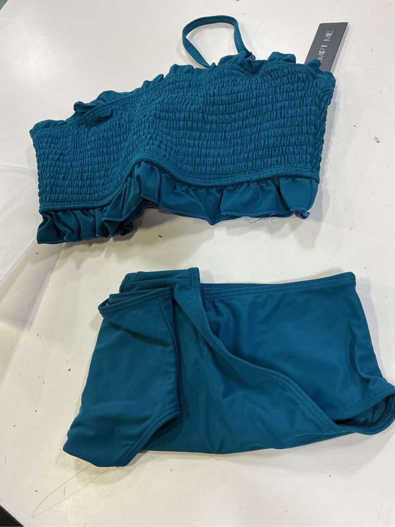 Condition photo showing Good Condition for tempt me women bandeau high waisted bikini sets smocked swimsuit strapless two piece bathing suit small blue green