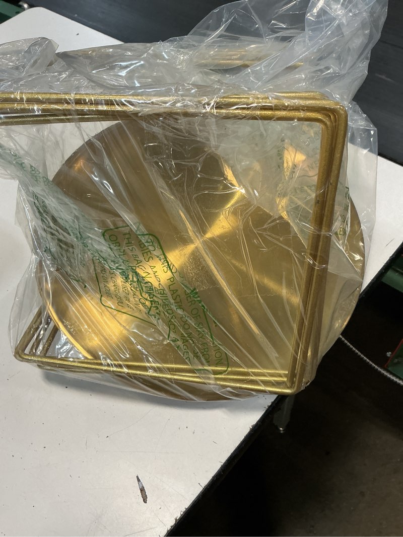 Condition photo showing Good Condition for 12 pcs pizza pan riser stands sets includes 4 metal pizza table stands 4 pizza pan and 4 wood handle pie server, pizza rack stand pizza tray for pizza dessert cheese (gold)