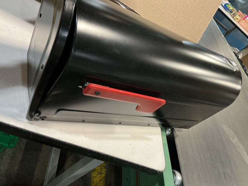 Condition photo showing As Is for architectural mailboxes mb1 post mount mailbox black with red flag export