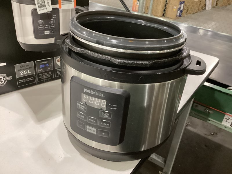 Condition photo showing As Is for used not tested proctor silex proctor-silex simplicity 4-in-1 electric pressure cooker, 3 quart multi-function with slow cook, steam, sauté, rice, stainless steel (34503)