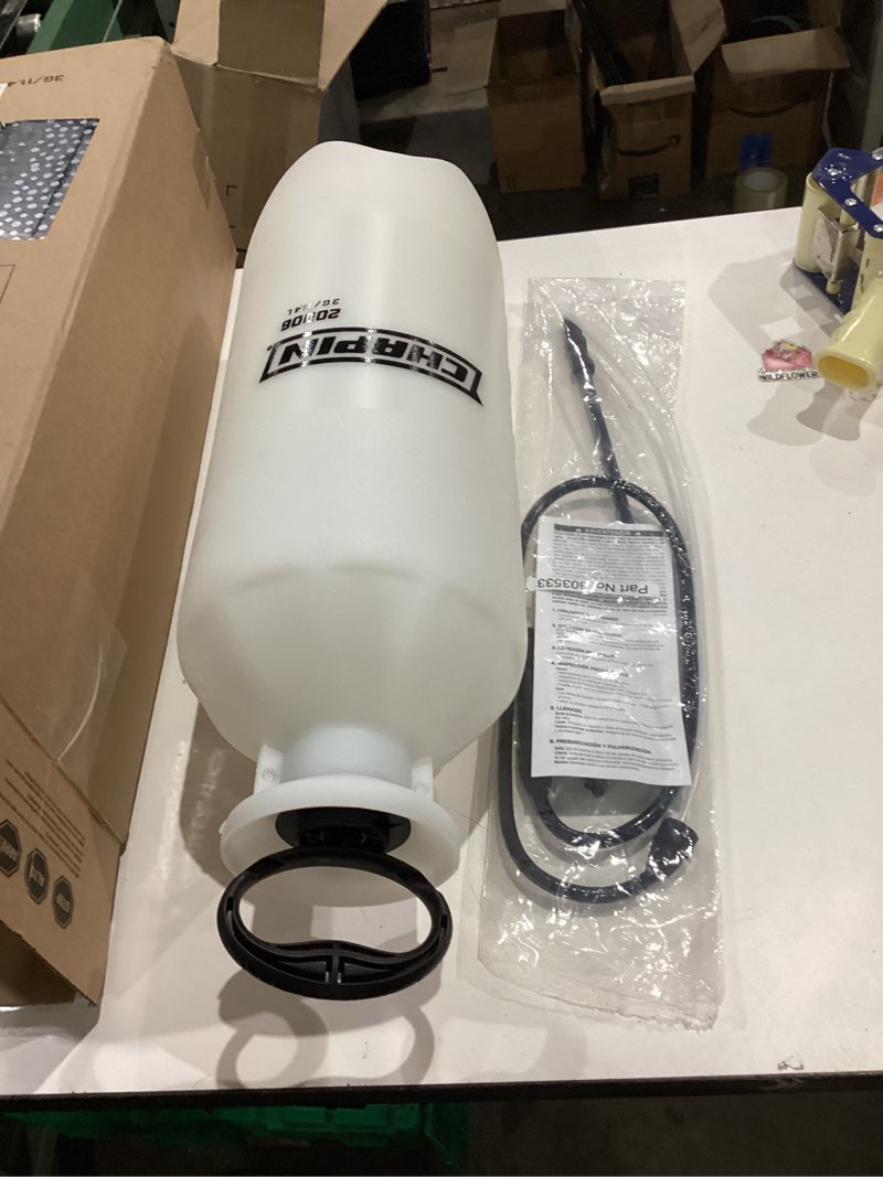 Condition photo showing As Is for chapin 20006 pump sprayer, 3?gallon, lawn & garden, translucent poly tank, funnel?top, surespray anti?clog filter, adjustable cone nozzle & 34" hose for fertilizer, weed & pest application