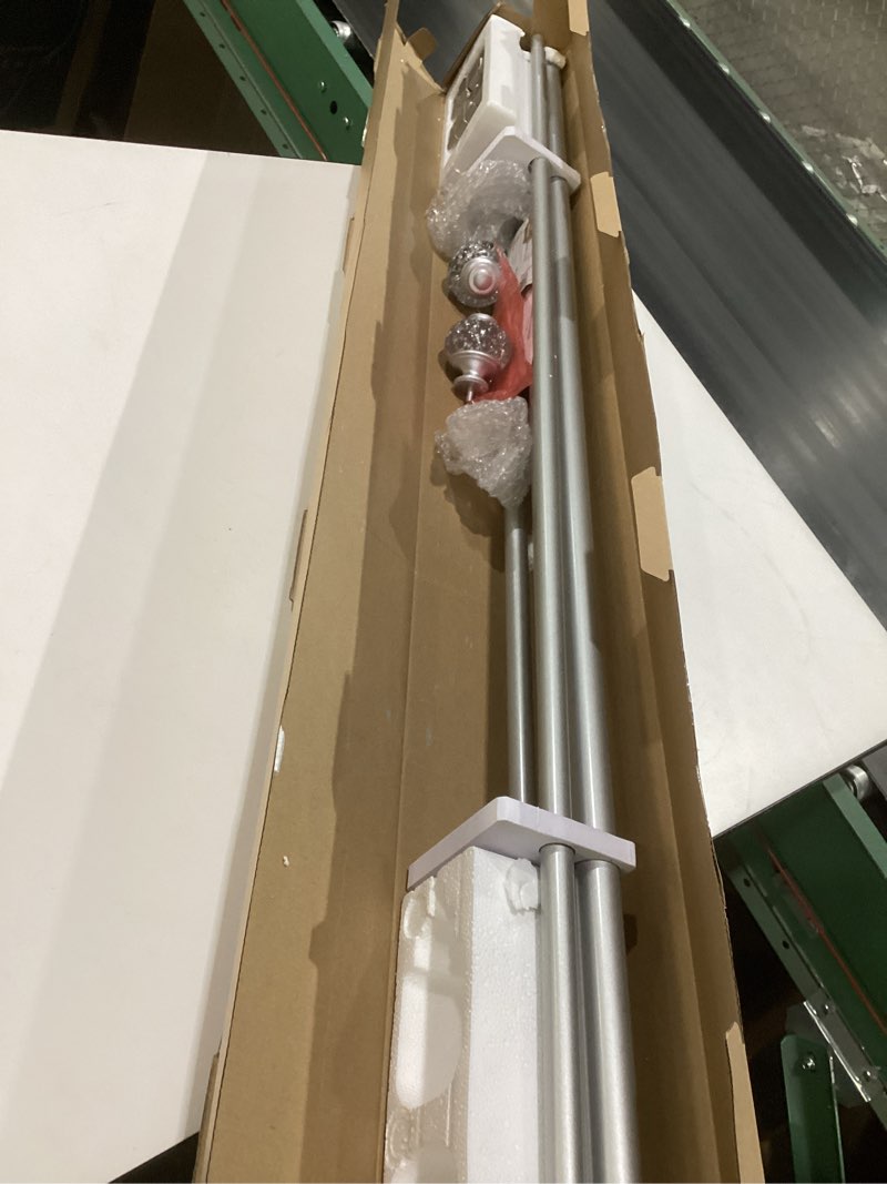 Condition photo showing As Is for 1 inch double curtain rods 72 to 144 inches (6 to 12 ft), usfook silver drapery rods for windows, telescoping dual curtain rod with translucent finials, decoration for home 72-144" silver