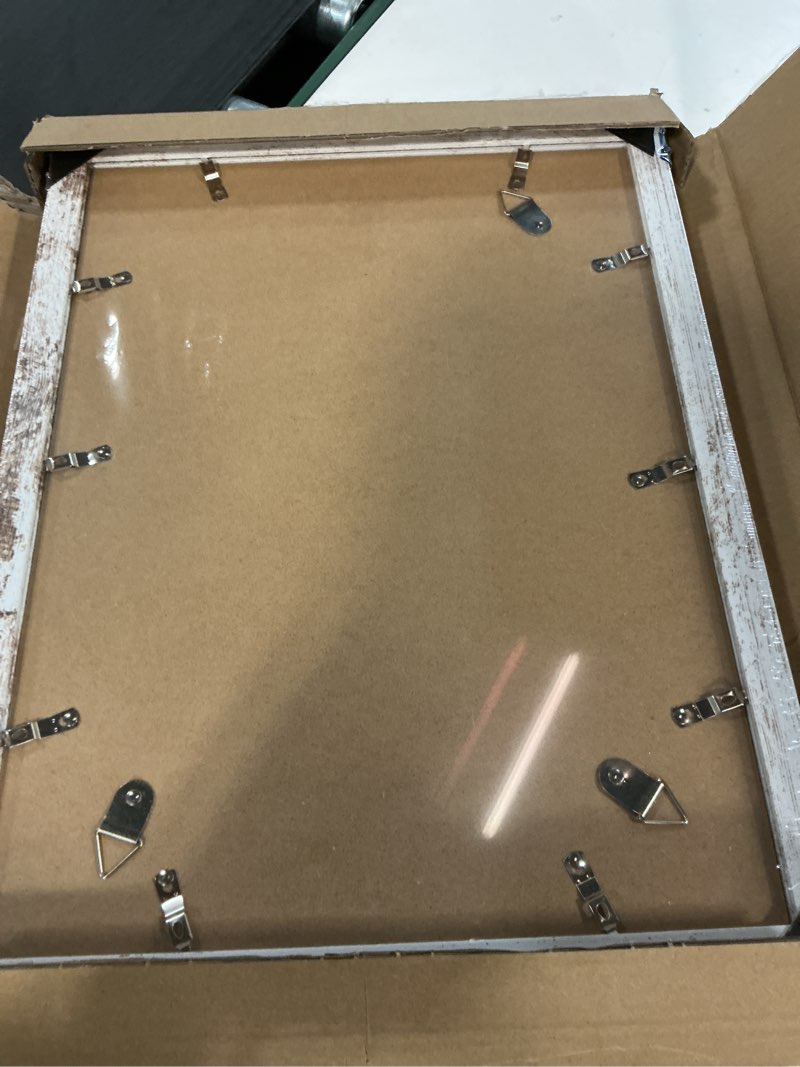 Condition photo showing New/Like New for 12x16 Picture Frame Set of 2, Distressed White Wood Style - Display 12 x 16 Poster without Mat or 11x14 Picture with Mat, Wall Mounting Horizontal and Vertical Distressed White 12x16 in