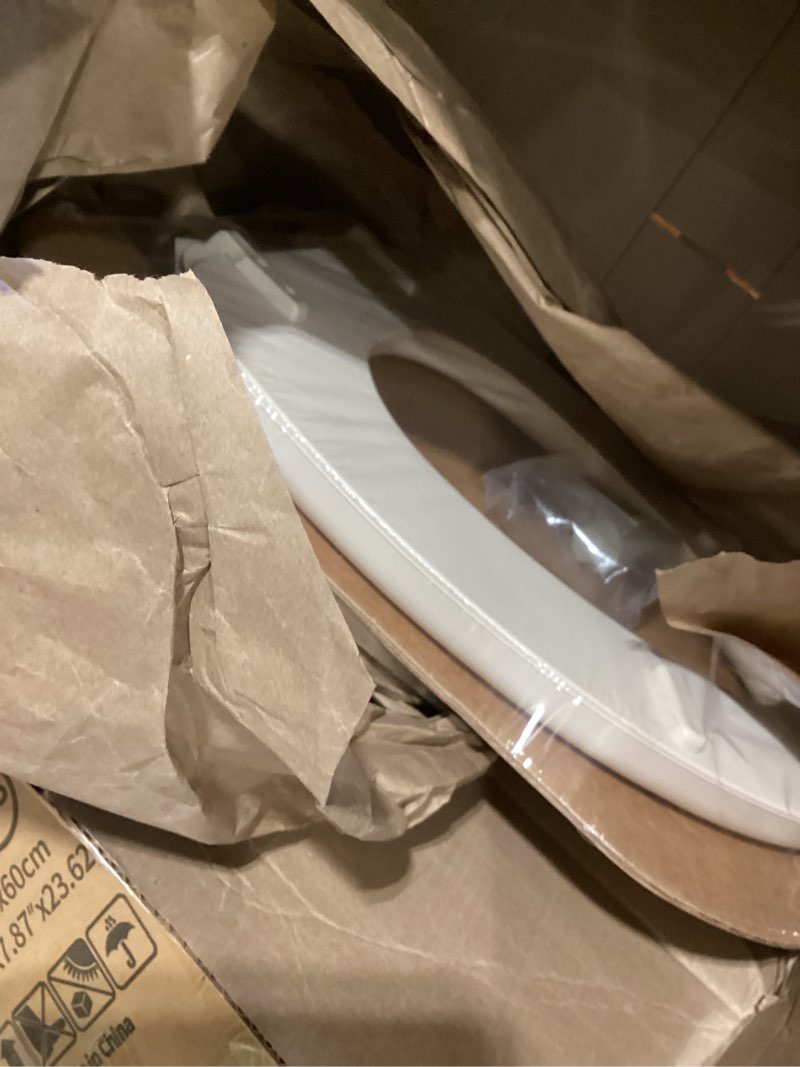 Condition photo showing New/Like New for mayfair padded toilet seat, cushioned soft vinyl over wood core seat, secure hinges, easy clean, made in usa, elongated, bone round bone toilet seat