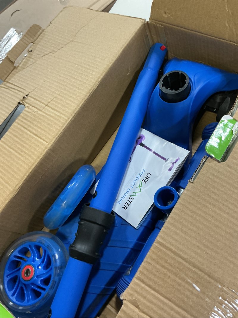 Condition photo showing As Is for lifemaster mini 3-wheel kids scooter with multi-color wheel lights – 4-height adjustable handlebar, wide anti-slip deck, child safety certified, boys & girls ages 2+ supports up to 110 lbs blue children and toddler