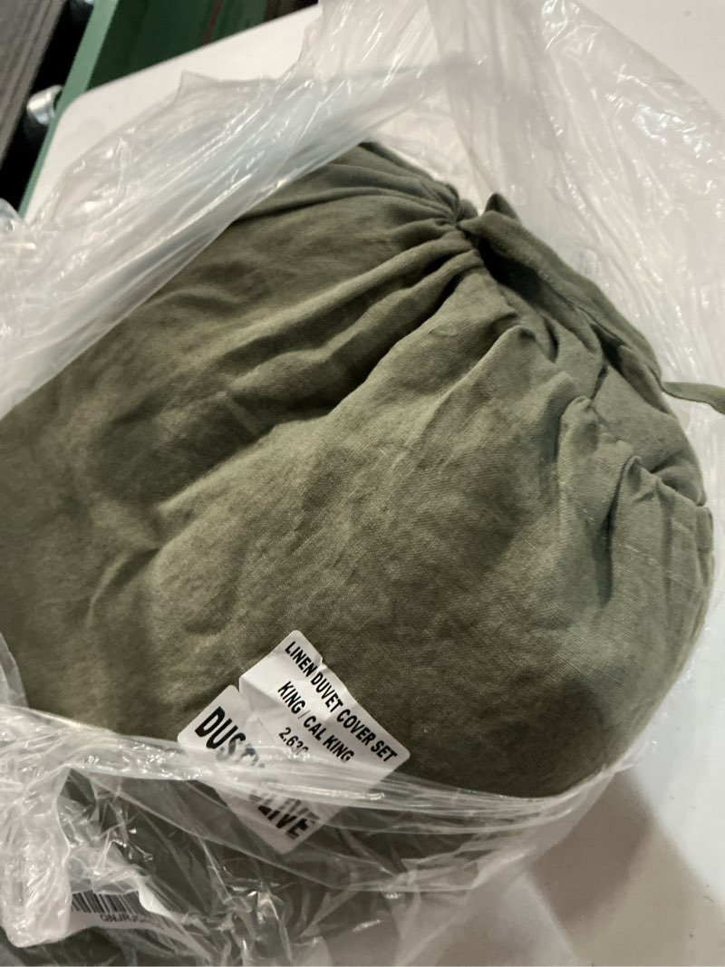 Condition photo showing As Is for european linen duvet cover set, king/cal king, dusty olive