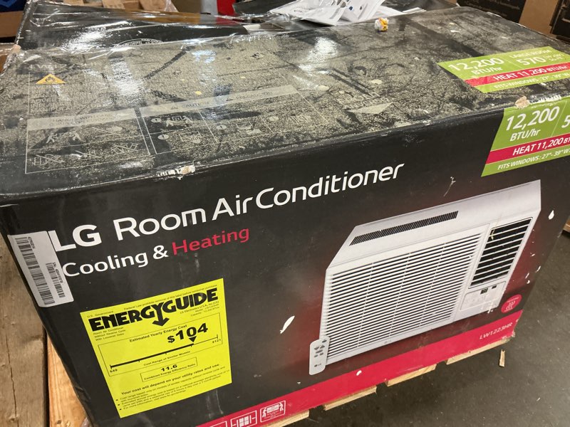 Condition photo showing As Is for lg window air conditioner: 12,000 btuh, 550 sq ft, 230v ac, 23 5/8 in x 15 in x 22 in, fixed