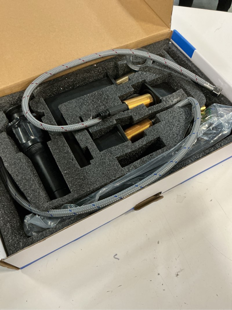 Condition photo showing Good Condition for QFN Lead-Free 8" Black Bathroom Faucets for Sink Square, 2 Handle 8 Inch Widespread Bathroom Faucet 3 Hole Matte Black for 6"-12" Vanity Sink Remodel with Metal Pop Up Drain and 24" cUPC Supply Hoses Square Matte Black