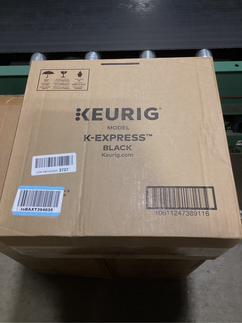 Condition photo showing As Is for keurig k-express single serve k-cup pod coffee maker, 3 brew sizes, strong button feature, 42oz removable reservoir, black