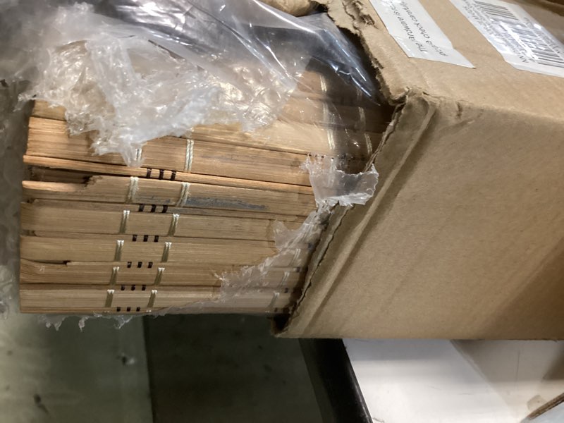 Condition photo showing As Is for LazBlinds No Tools No Drill Cordless Bamboo Roman Shades, Light Filtering Window Treatment, Roll Up Bamboo Blinds for Windows 44'' W x 64'' H, Brown Light Filtering-brown206 44" W x 64" H