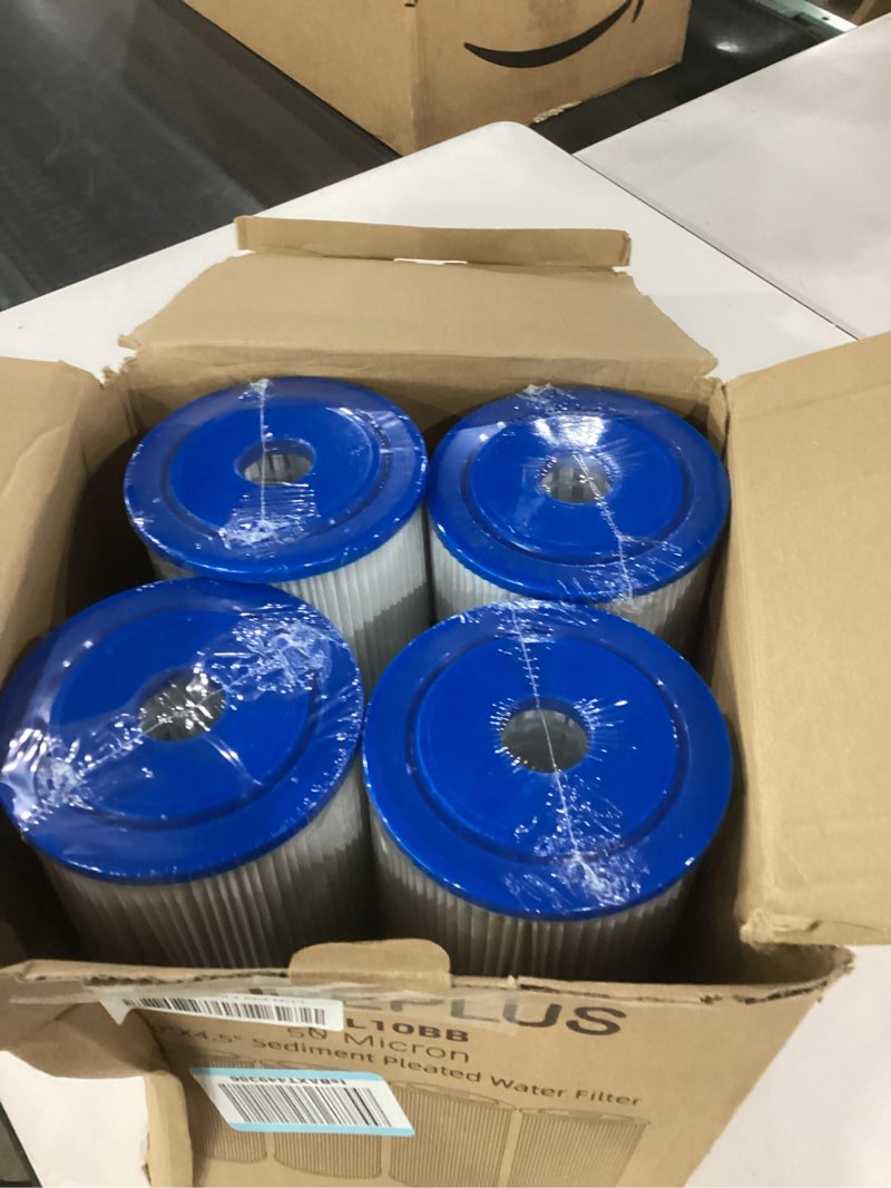 Condition photo showing Good Condition for pureplus 50 micron 10" x 4.5" extra coarse pleated sediment filter for well water, replacement cartridge for ge fxhsc, culligan r50-bbsa, pentek r50-bb, dupont wfhdc3001, w50pehd?gxwh40l, 4pack 4 count (pack of 1)