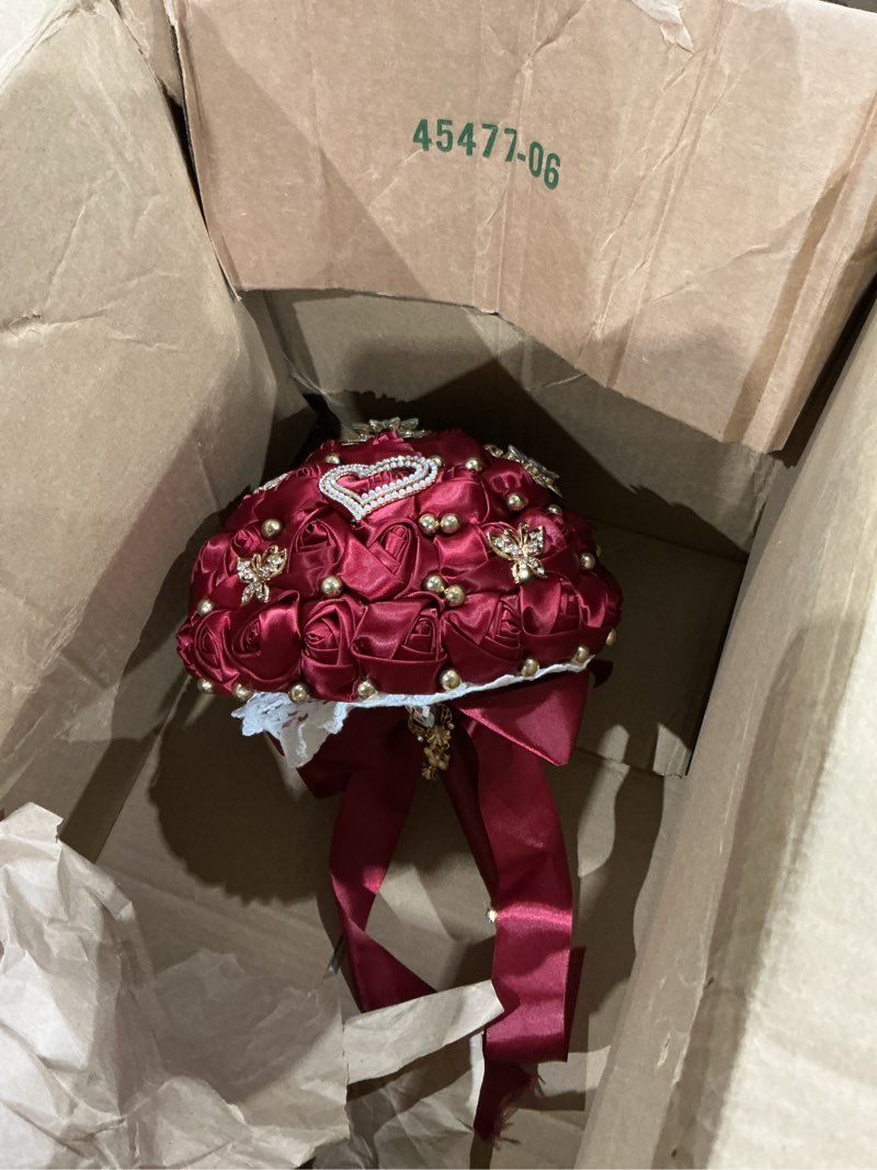 Condition photo showing Good Condition for bridal wedding bouquet round holding bouquet throw toss artificial rose flower bunch for bride bridesmaid wedding quinceanera(dark red, 9.4") dark red large (dia. 9.4 inches)