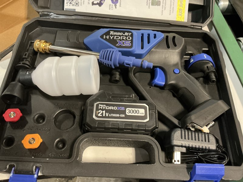 Condition photo showing As Is for Ontel Turbo Jet HydroX5 Pro Portable Cordless Pressure Washer (21V 3000mAh Battery), 6-in-1 Nozzle, Dual Water Source, 16ft Detachable Hose